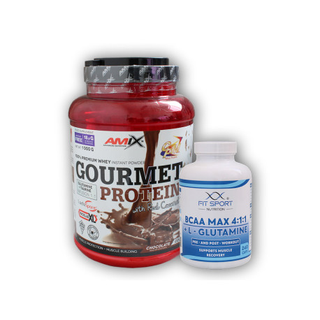 Gourmet Protein 1000g + BCAA MAX 4:1:1 + L-Glutamin 240 Kapseln - Erdbeer-weiße Schokolade