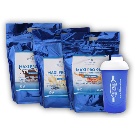 3x Maxi Pro 90% 2500g + Fitsport Shaker - weiße Schokolade Kokos