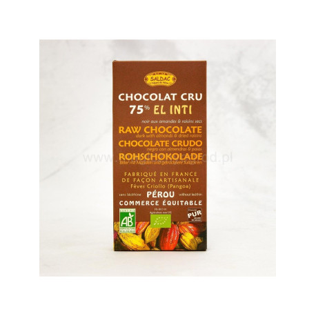 Dunkle Schokolade 75 % Kakao Criollo mit Mandeln und Rosinen – 100 g