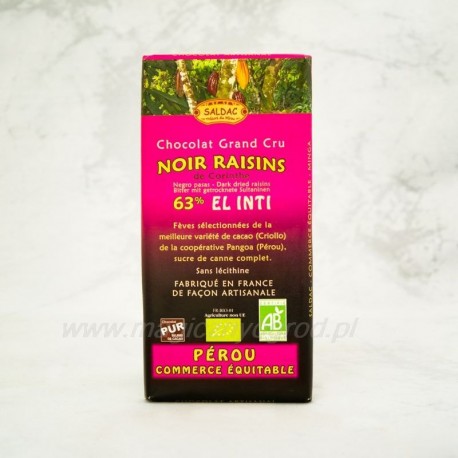 Zartbitterschokolade 63% Kakao, Corinthe Rosinen 12% Bio 100g